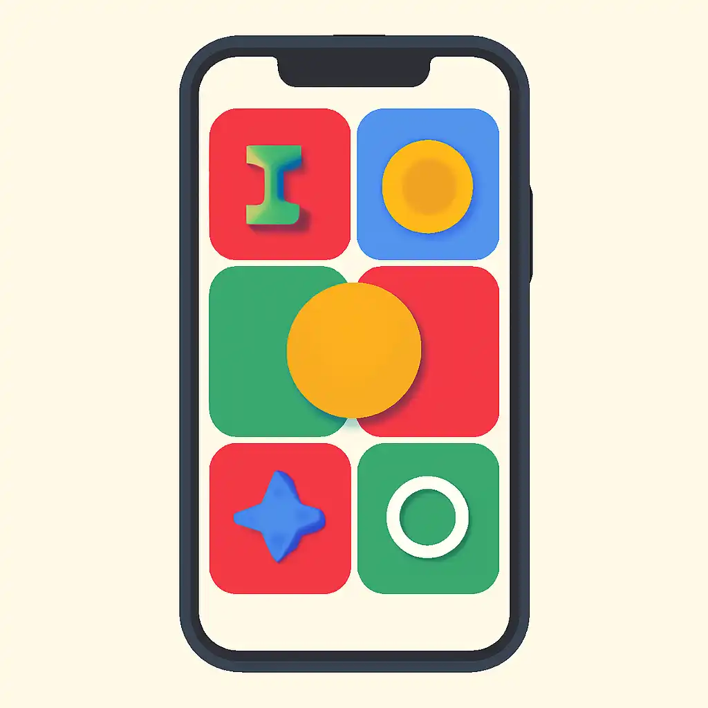 Smartphone shown from the front displaying a colourful flat layout of abstract game icons and rounded tiles (no text, no letters, no labels), Daman Game