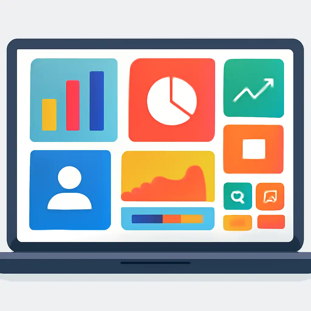 Laptop shown from the front displaying a colourful flat dashboard of abstract charts, bars and icon tiles (no text, no letters, no labels), Daman Game